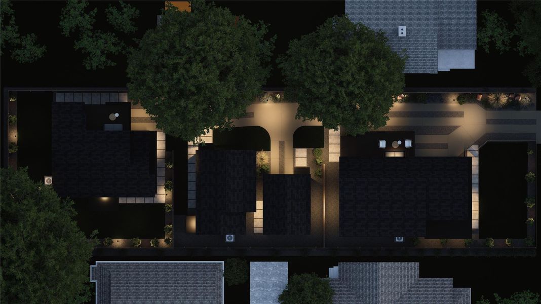 Illuminated pathways wind through a tranquil residential layout, connecting contemporary homes nestled amongst mature trees. Illuminated pathways wind through a tranquil residential layout, connecting contemporary homes nestled amongst mature trees.