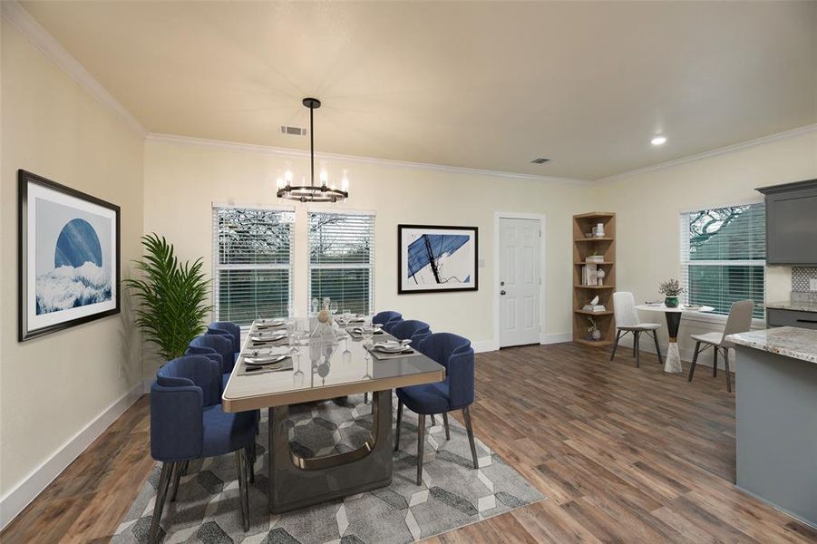 Room for multiple dining areas as well as the breakfast bar. Virtual staging.