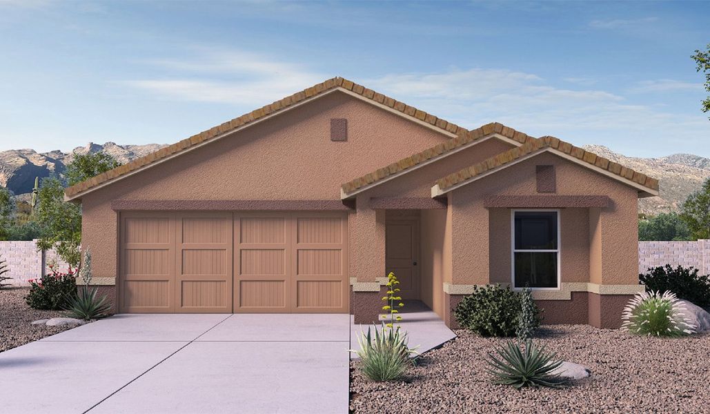 Front exterior of a new home in Saguaro Bloom, Marana, AZ, highlighting curb appeal (Image 1). Front exterior of a new home in Saguaro Bloom, Marana, AZ, highlighting curb appeal (Image 1).
