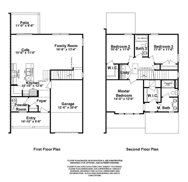 Black and White Floorplan of 2-Story Athens II 3 Bedroom Floorplan