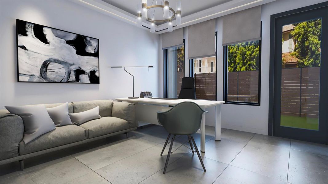 This photo shows a modern, well-lit home office with a sleek desk, stylish chair, and a comfortable gray couch. Large windows provide natural light and views of greenery, while a contemporary black and white painting adds an artistic touch. Virtually staged. This photo shows a modern, well-lit home office with a sleek desk, stylish chair, and a comfortable gray couch. Large windows provide natural light and views of greenery, while a contemporary black and white painting adds an artistic touch. Virtually staged.