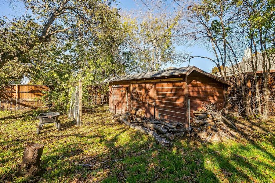 Storage building in backyard.