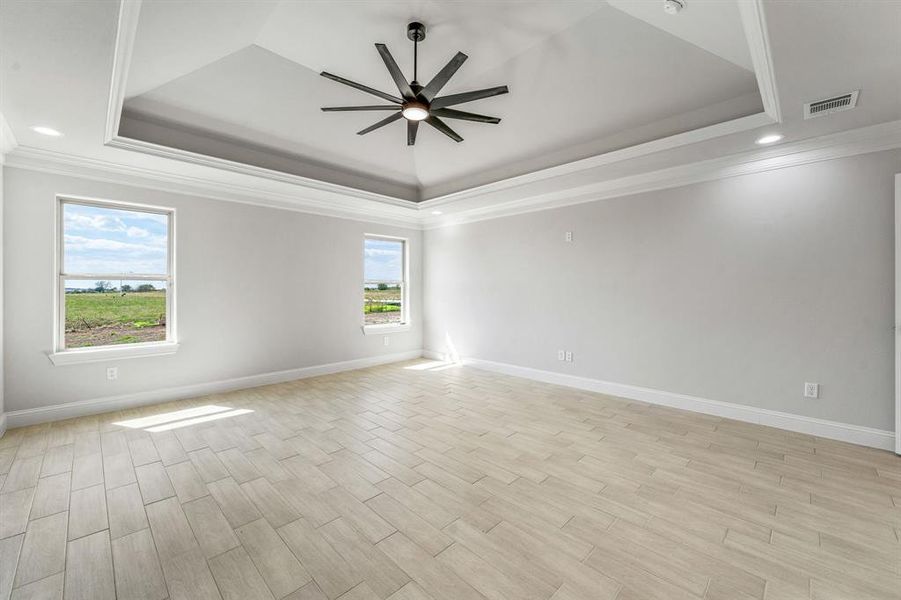 Spare room with a raised ceiling, crown molding, light wood-style flooring, recessed lighting, and a ceiling fan