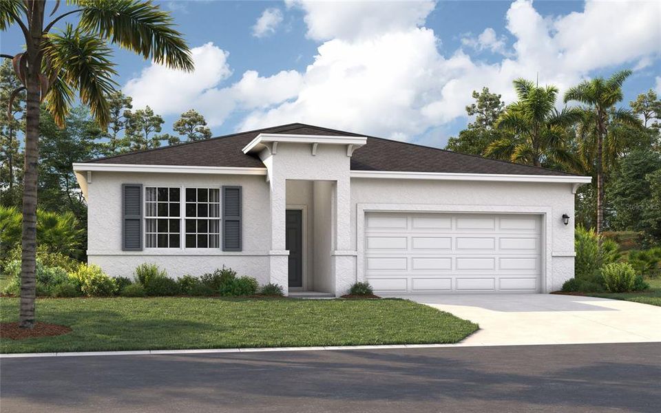 Front exterior of a new home in Covered Bridge at Liberty Bluff, Haines City, FL, highlighting curb appeal (Image 1). Front exterior of a new home in Covered Bridge at Liberty Bluff, Haines City, FL, highlighting curb appeal (Image 1).