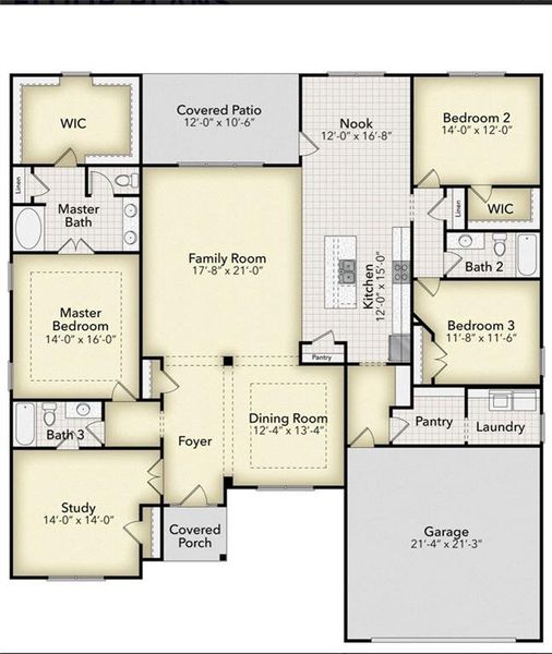 2D floor plan layout of this home in The Fields of Walnut Creek, Pendergrass, GA (Image 5).