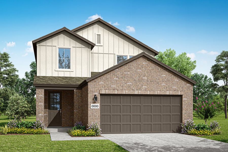 Representative exterior photo of a completed home built from the Fieldstone by Tri Pointe Homes in Terrace Collection at Lariat, Liberty Hill, TX (Image 2). Representative exterior photo of a completed home built from the Fieldstone by Tri Pointe Homes in Terrace Collection at Lariat, Liberty Hill, TX (Image 2).