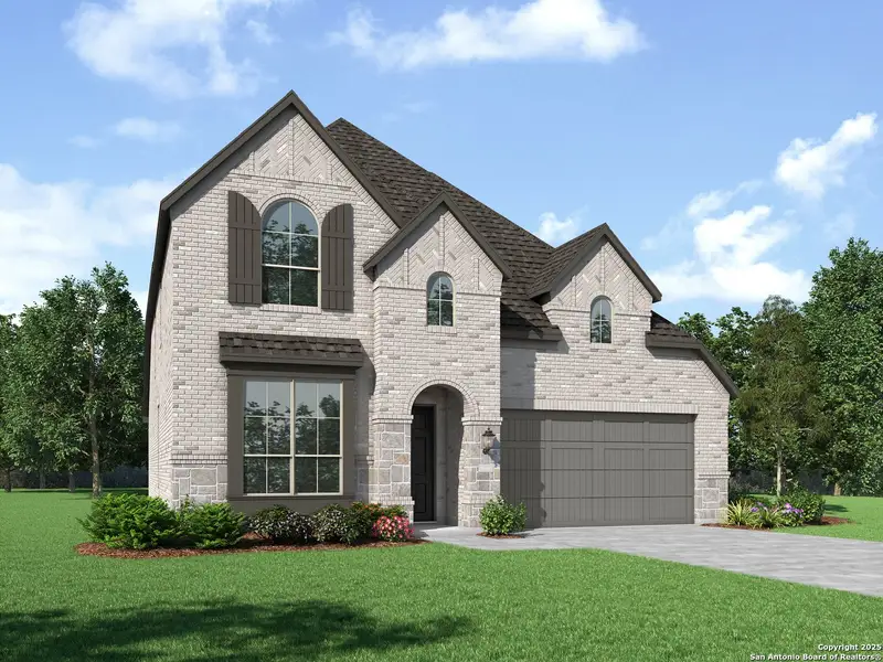 Front exterior of a new home in Davis Ranch: 50ft. lots, San Antonio, TX, highlighting curb appeal (Image 1). Front exterior of a new home in Davis Ranch: 50ft. lots, San Antonio, TX, highlighting curb appeal (Image 1).
