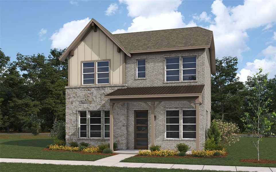 Two-story residence featuring a combination of light-toned brick and stone veneer