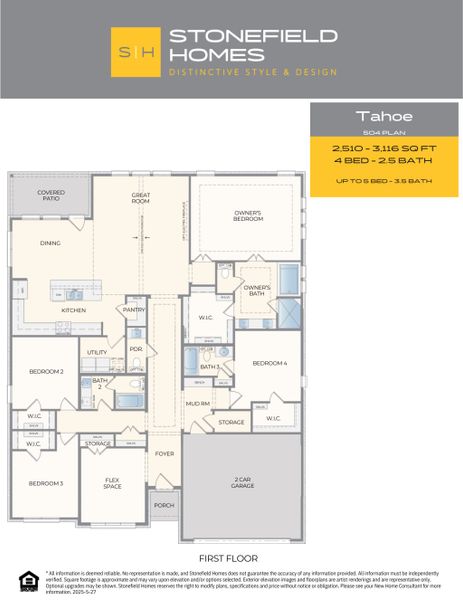 2D floor plan layout for the Tahoe by Stonefield Homes in Heath Golf and Yacht Club, Rockwall, TX (Image 5).
