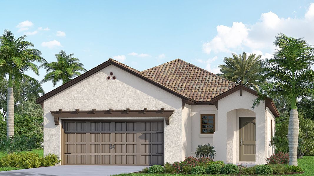 Front exterior of a new home in Vicenza Real Estate and Homes for Sale in North Venice, FL - Neal Communities, Nokomis, FL, highlighting curb appeal (Image 5).