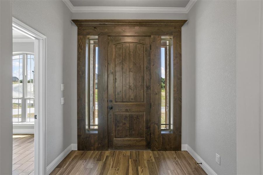 Entryway with crown molding, hardwood / wood-style floors, and a healthy amount of sunlight