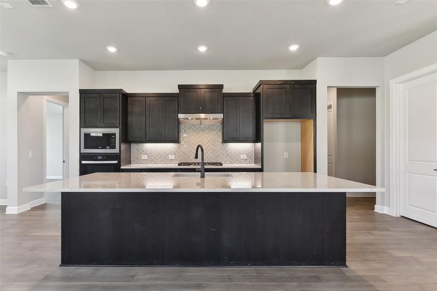 Kitchen featuring an island with sink, under cabinet range hood, decorative backsplash, baseboards, and a sink Kitchen featuring an island with sink, under cabinet range hood, decorative backsplash, baseboards, and a sink