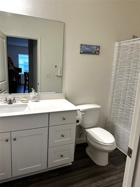Bathroom featuring toilet, a textured wall, wood finished floors, and vanity