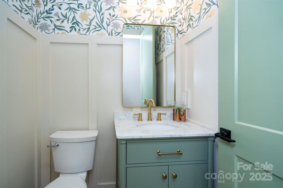 Powder Room, wainscoting and stylish wallpaper Powder Room, wainscoting and stylish wallpaper
