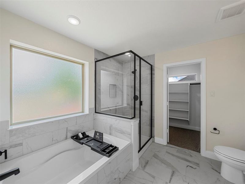 Full bath featuring a shower stall, baseboards, a walk in closet, a bath, and toilet Full bath featuring a shower stall, baseboards, a walk in closet, a bath, and toilet