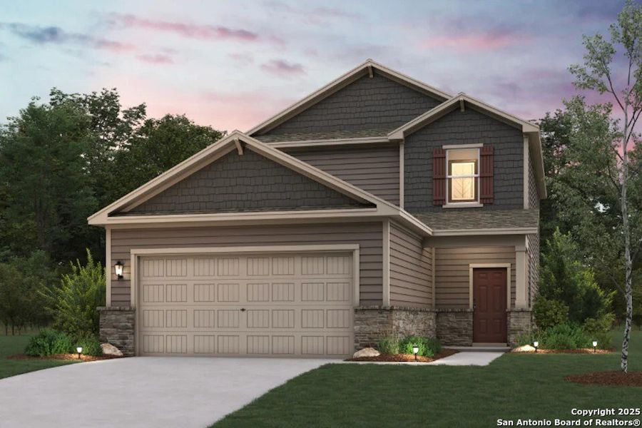 Front exterior of a new home in Park Place, New Braunfels, TX, highlighting curb appeal (Image 1).