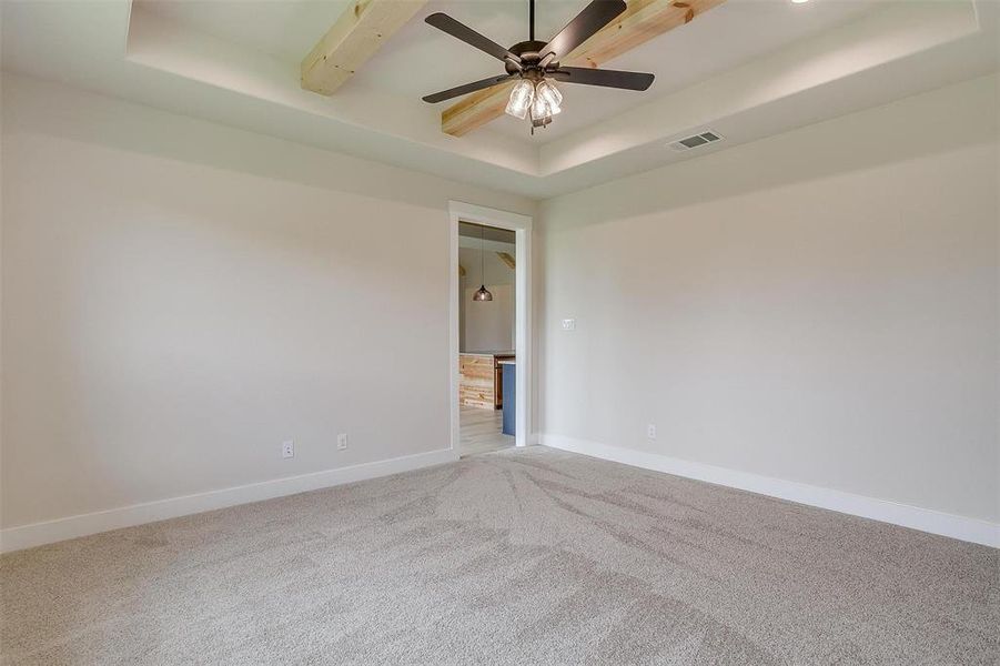 Spare room with carpet floors, ceiling fan, and a raised ceiling