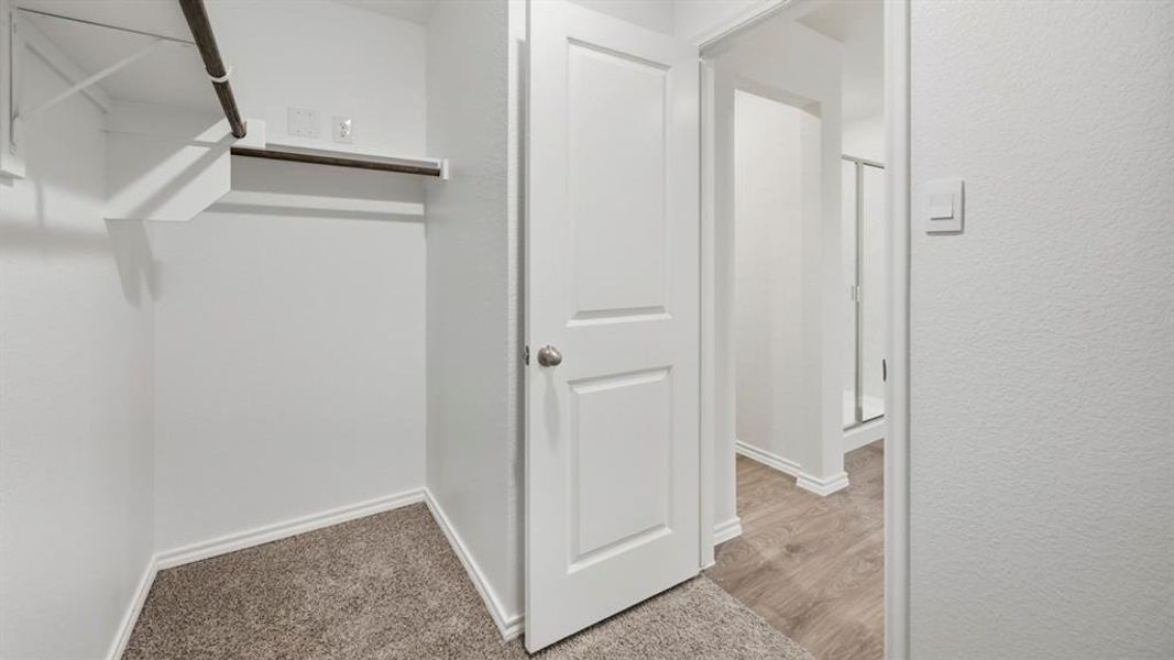 Walk in closet featuring light carpet