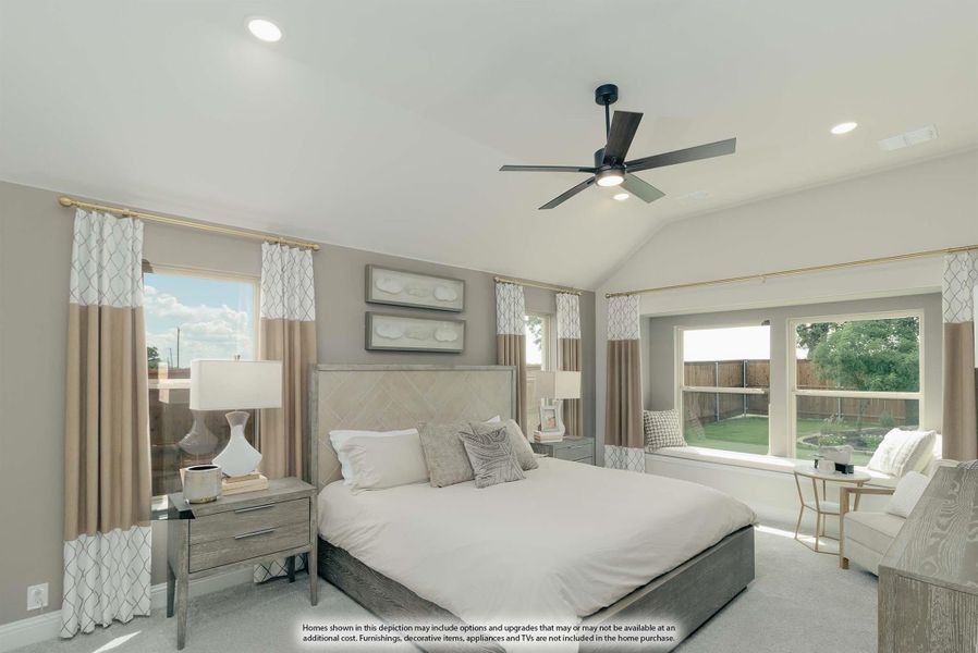 Master bedroom with vaulted ceiling, ceiling fan, large windows, and neutral gray and beige decor