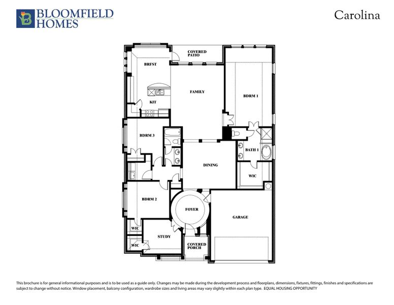 Bloomfield Homes Carolina floor plan with three bedrooms, family room, dining, study, and two-car garage on one level.