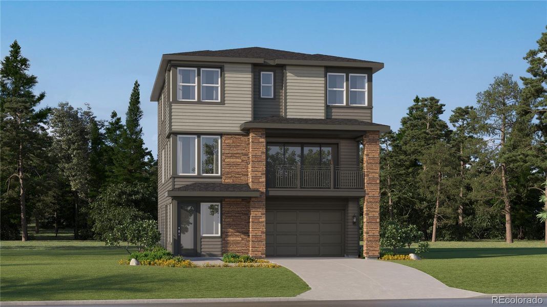 Front exterior of a new home in Vermilion Creek: The Skyline Collection, Centennial, CO, highlighting curb appeal (Image 1).