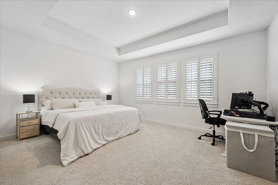 Spacious primary retreat featuring tray ceilings, abundant natural light, and ample room for both a sitting area and workspace.