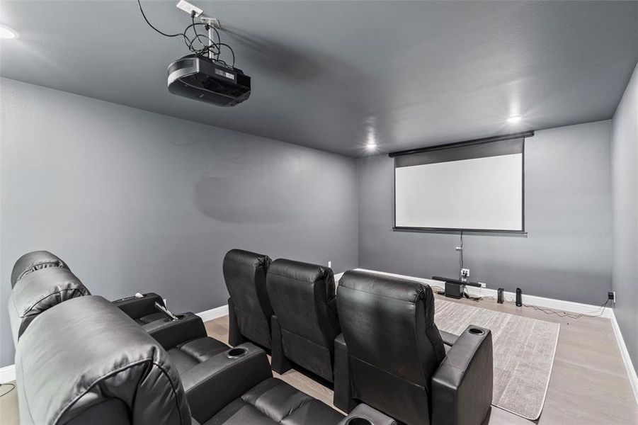 Dedicated media room featuring a ceiling-mounted projector, retractable screen, recessed lighting, and wood-finish flooring