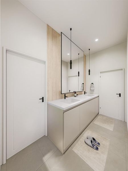 Jack and Jill bathroom downstairs with double sinks.