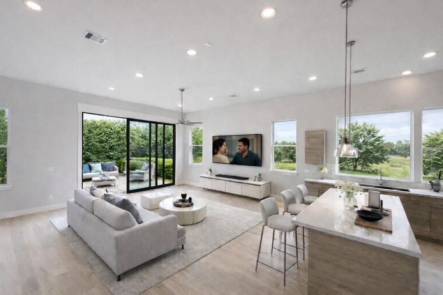 Living Room has outdoor living through those great 10 FT Tall by 12 Wide Sliding Glass Doors- Living Room Gets a Ton of Light from Being Next to the Park (picture was virtually enhanced )