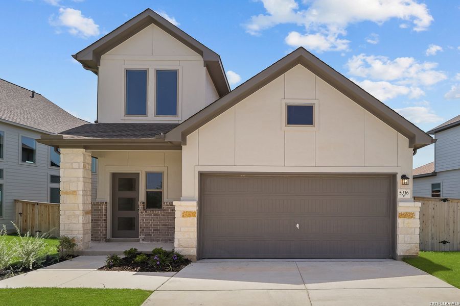 Front exterior of a new home in The Parklands, Schertz, TX, highlighting curb appeal (Image 23). Front exterior of a new home in The Parklands, Schertz, TX, highlighting curb appeal (Image 23).