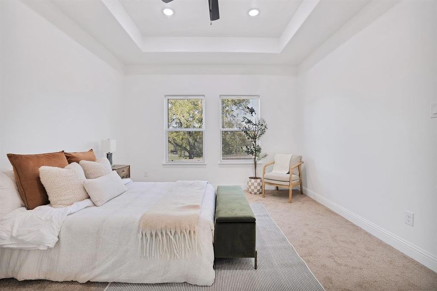 Bedroom featuring carpet, ceiling fan, and a raised ceiling