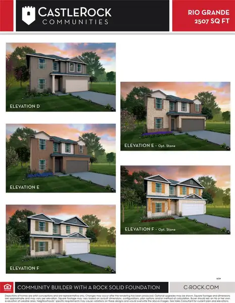 Rio Grande Elevation Plan by CastleRock Communities showcasing available exterior designs and charming curb appeal options. Rio Grande Elevation Plan by CastleRock Communities showcasing available exterior designs and charming curb appeal options.