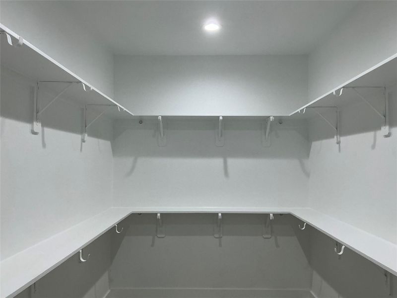 Spacious walk-in closet with ample shelving and hanging space, featuring a clean, modern design and bright overhead lighting.