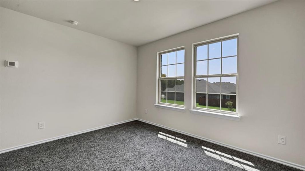 Room featuring two large windows, neutral wall paint, gray carpet flooring, white trim, and a ceiling light fixture