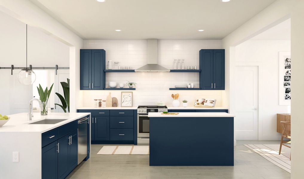 Kitchen with dual islands, pendant lighting and open shelving Kitchen with dual islands, pendant lighting and open shelving