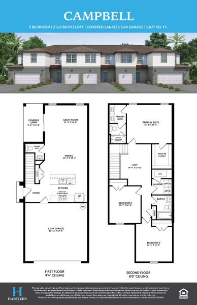 2D floor plan layout for the Campbell by Hartizen Homes in Connors Cove, Eustis, FL (Image 4).