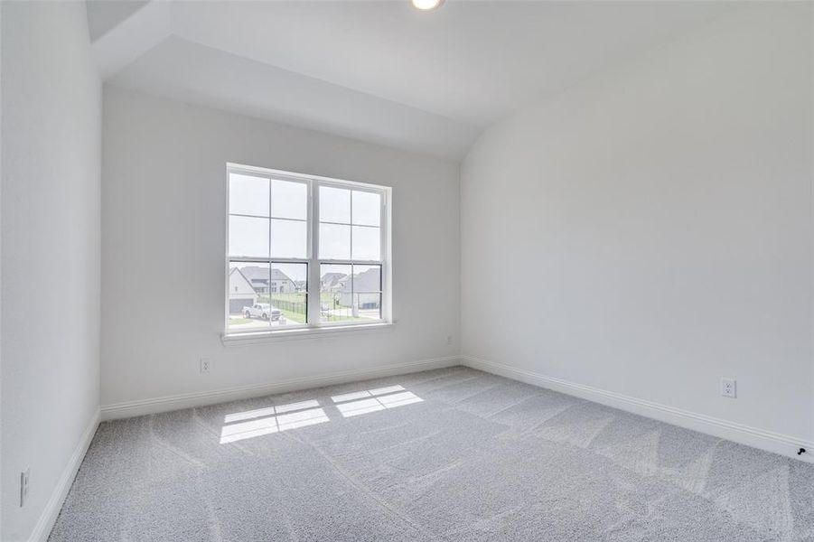 Carpeted spare room with lofted ceiling