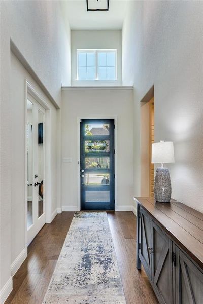 Foyer entrance featuring a high ceiling and dark wood-style floors Foyer entrance featuring a high ceiling and dark wood-style floors