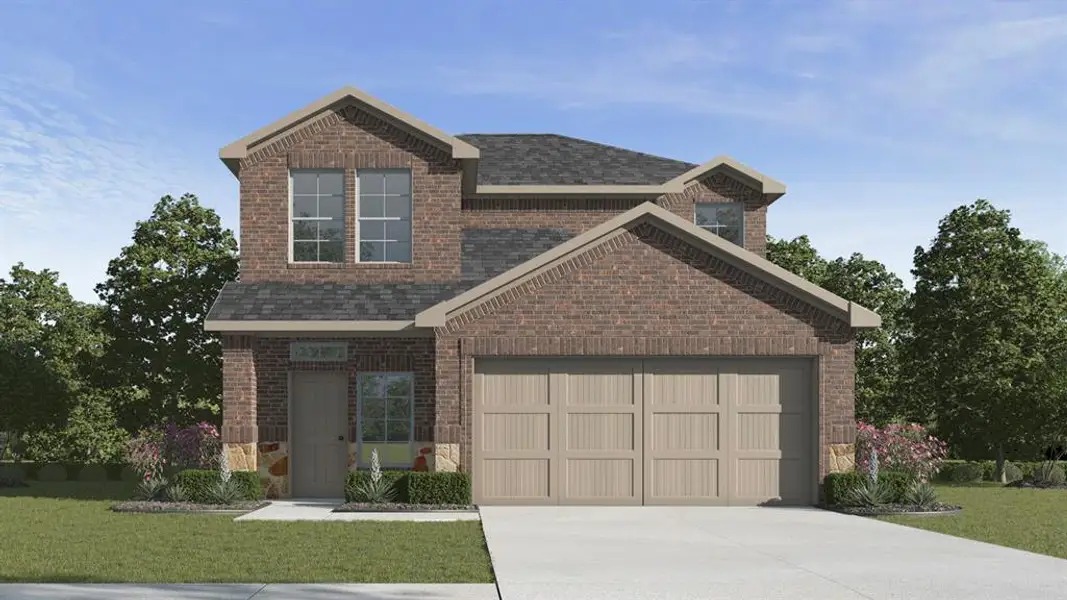 View of front of house with a front lawn, concrete driveway, an attached garage, brick siding, and roof with shingles View of front of house with a front lawn, concrete driveway, an attached garage, brick siding, and roof with shingles