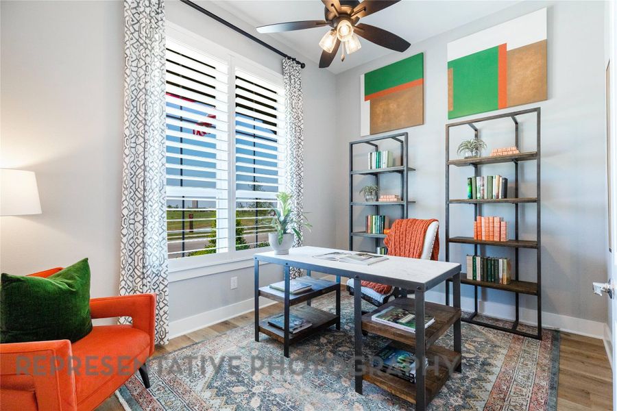 Office featuring wood finished floors and ceiling fan Office featuring wood finished floors and ceiling fan