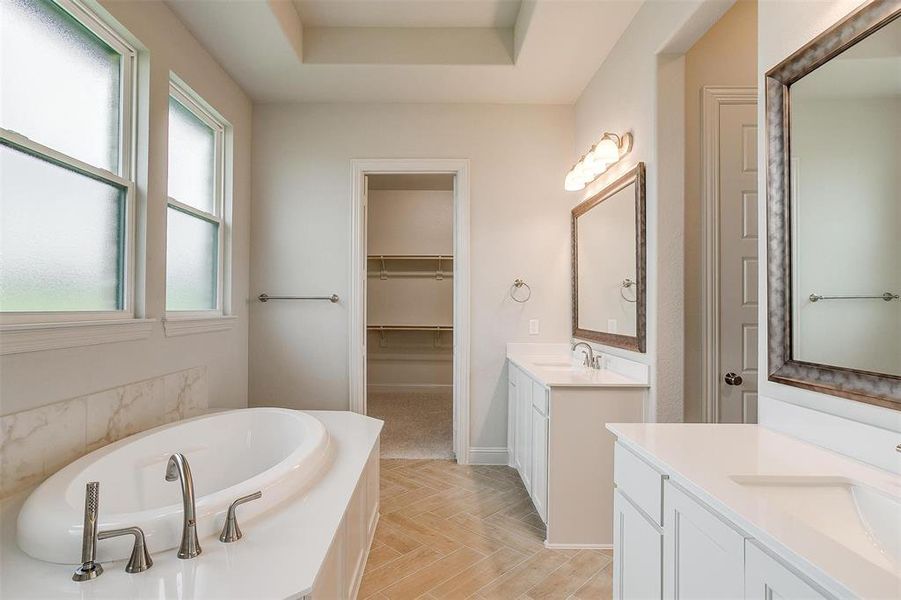 Bathroom with a tub, a raised ceiling, and double vanity