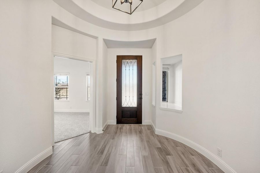 Foyer with round tray ceiling, wood front door with glass panel, and light hardwood floors Foyer with round tray ceiling, wood front door with glass panel, and light hardwood floors