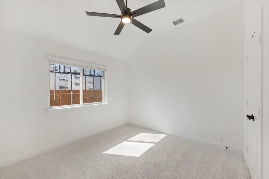 Empty bedroom with carpet flooring, ceiling fan, and single window with natural light