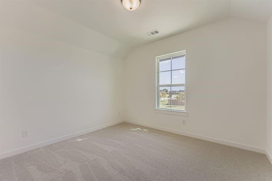 Unfurnished room featuring lofted ceiling and light colored carpet