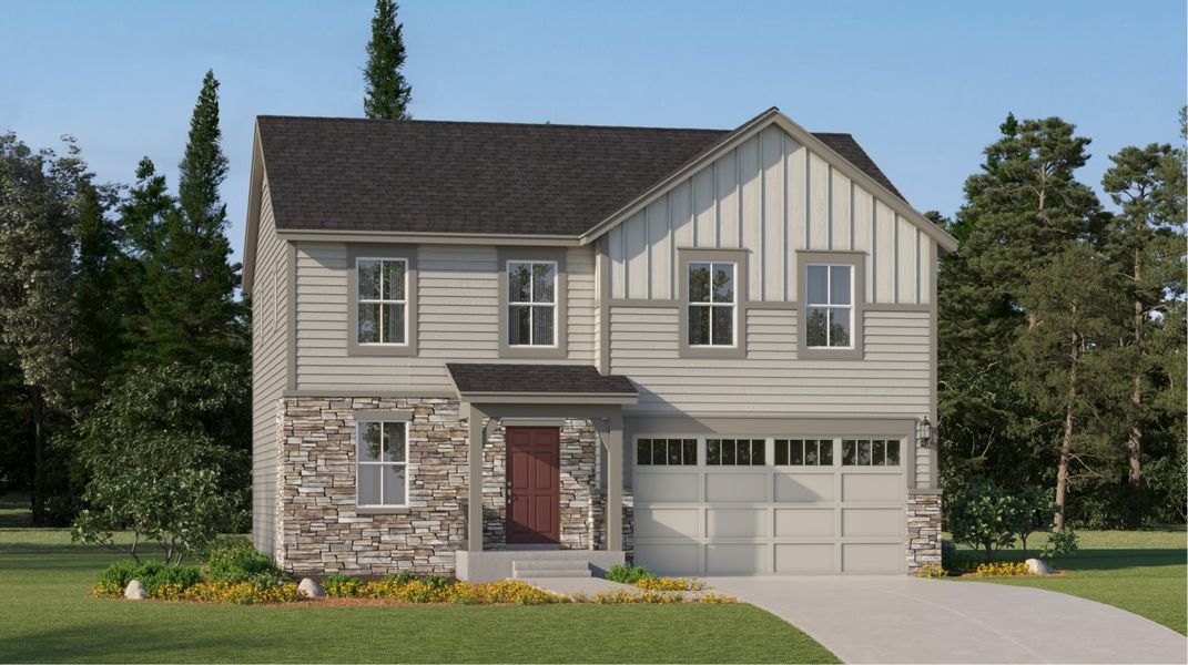 Front exterior of a new home in Eastcreek Farm, Thornton, CO, highlighting curb appeal (Image 1). Front exterior of a new home in Eastcreek Farm, Thornton, CO, highlighting curb appeal (Image 1).