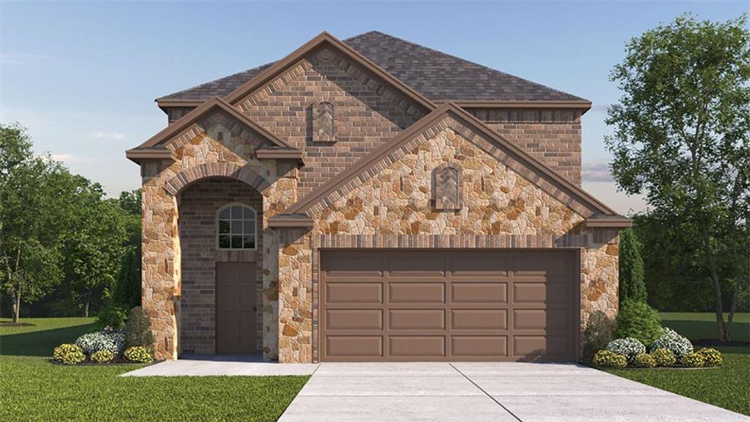 French provincial home featuring driveway, stone siding, a front lawn, and an attached garage
