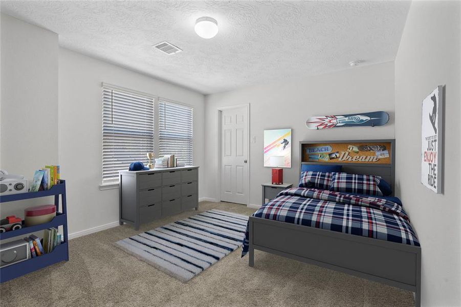 This secondary bedroom features high ceilings, custom paint, plush carpet, and a large windows with privacy blinds!