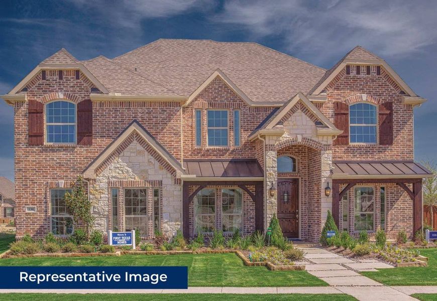 Representative exterior photo of a completed home built from the Hillcrest 2R (w/Media) by First Texas Homes in Collinsbrook Farm, Frisco, TX (Image 1). Representative exterior photo of a completed home built from the Hillcrest 2R (w/Media) by First Texas Homes in Collinsbrook Farm, Frisco, TX (Image 1).