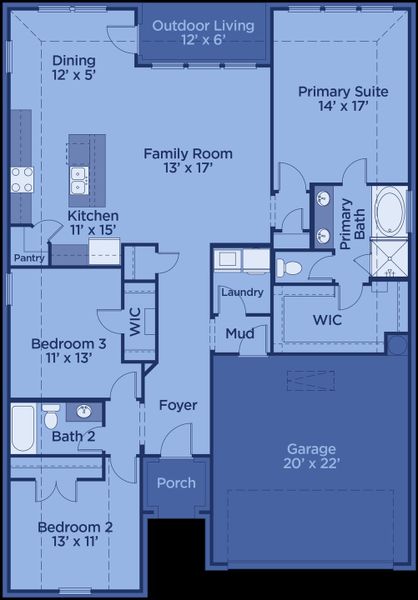 2D floor plan layout for the Pecos by UnionMain Homes in Wildflower Ranch, Justin, TX (Image 3).