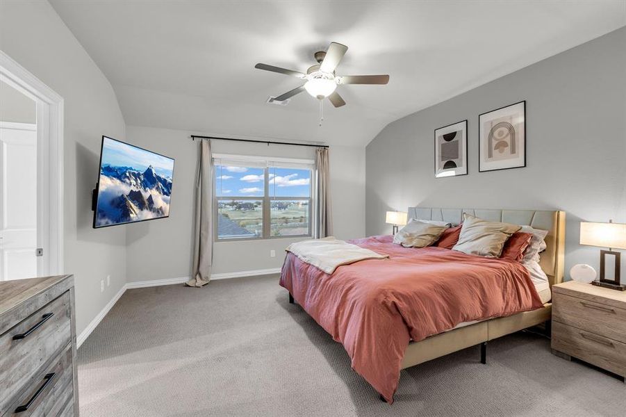 Carpeted bedroom with ceiling fan and lofted ceiling